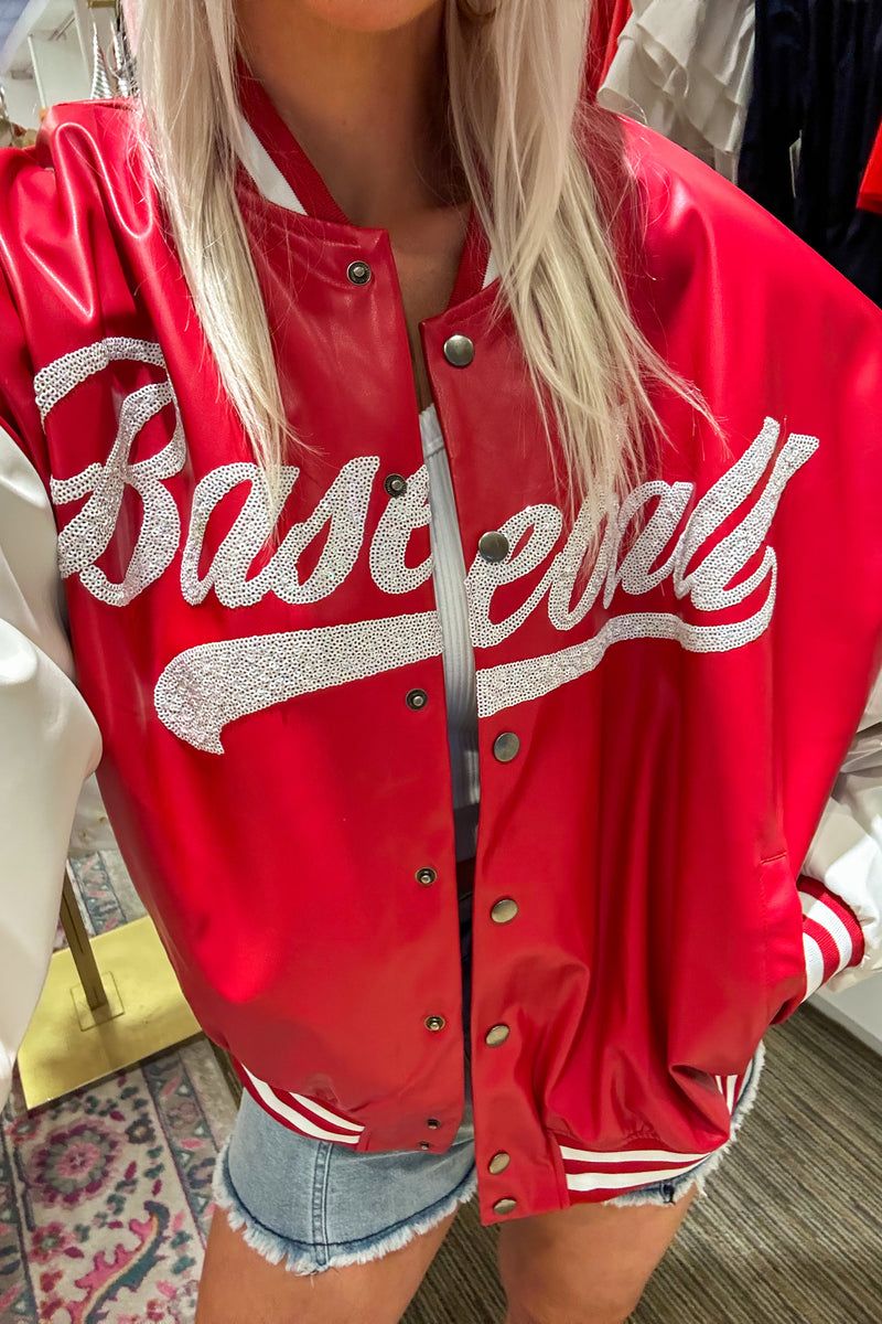 Red and White Sequin Baseball Varsity Jacket