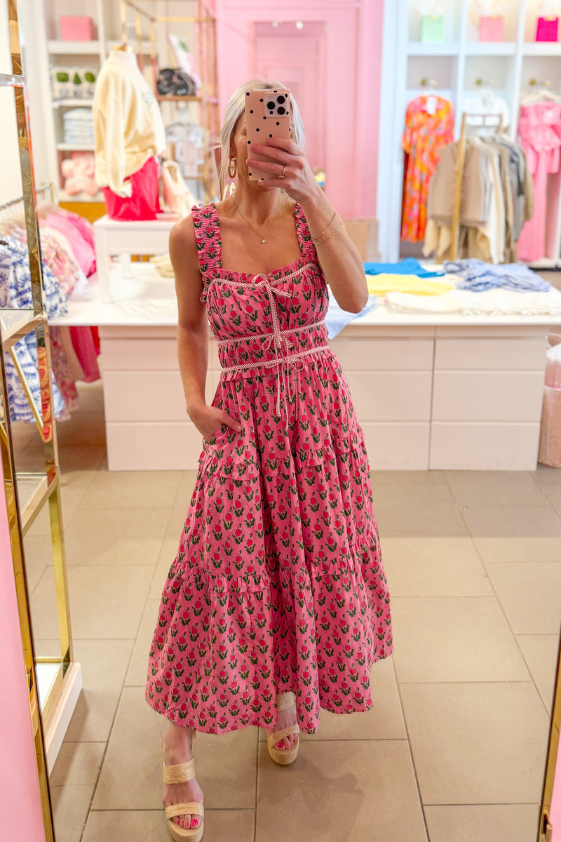 Pink Floral Front Tie Maxi Dress