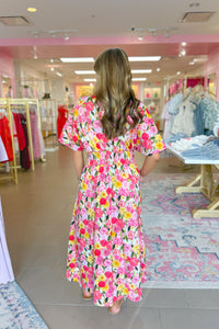 Pink Floral Pintuck Waist Midi Dress