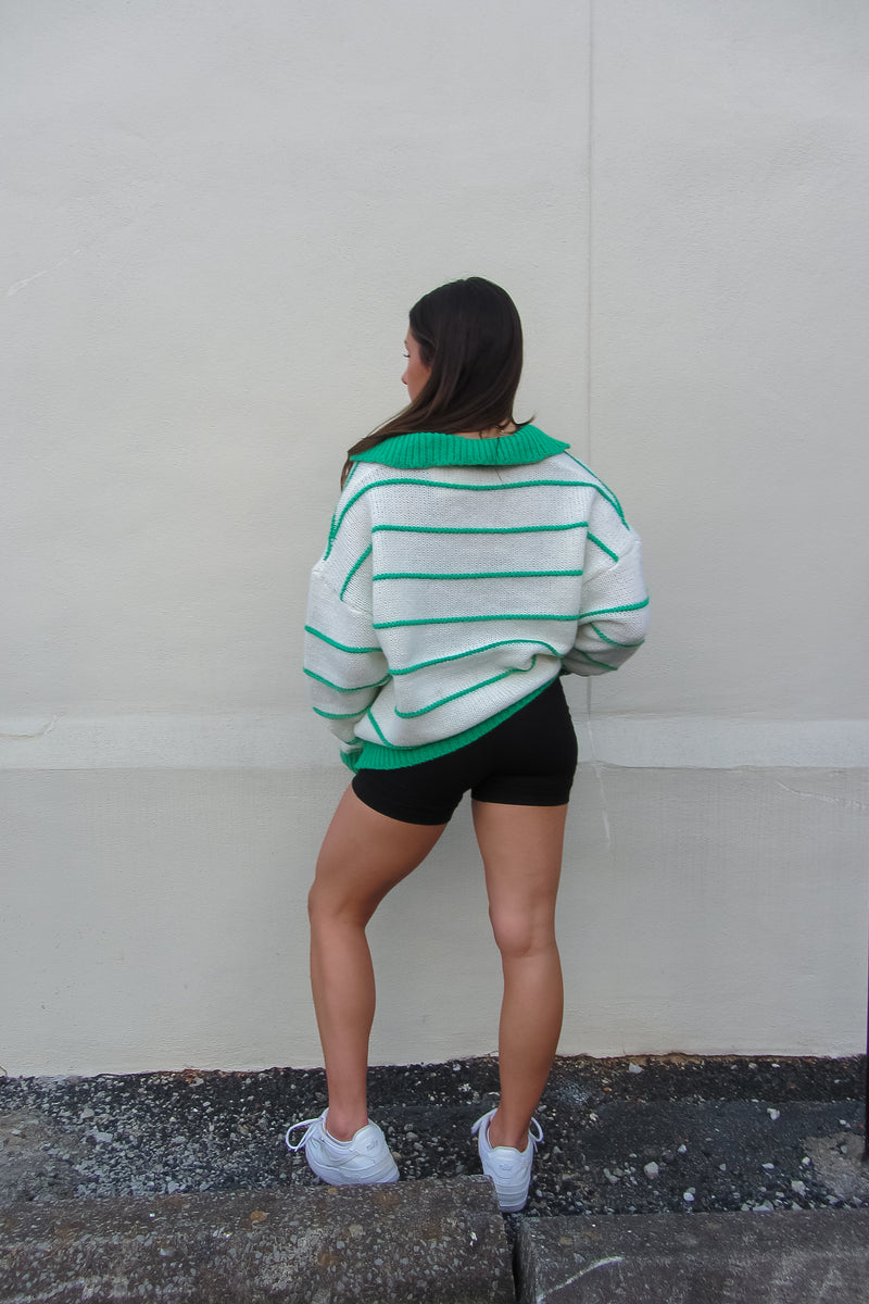 Green and White Striped Collared Sweater