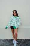 Green and White Striped Collared Sweater