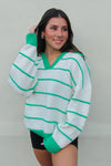 Green and White Striped Collared Sweater