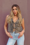 Denim Leopard Print Tie Front Sleeveless Top