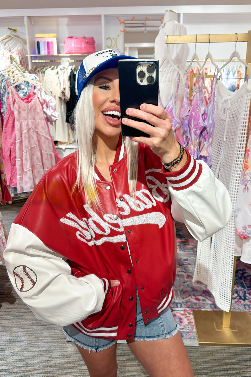 Red and White Sequin Baseball Varsity Jacket