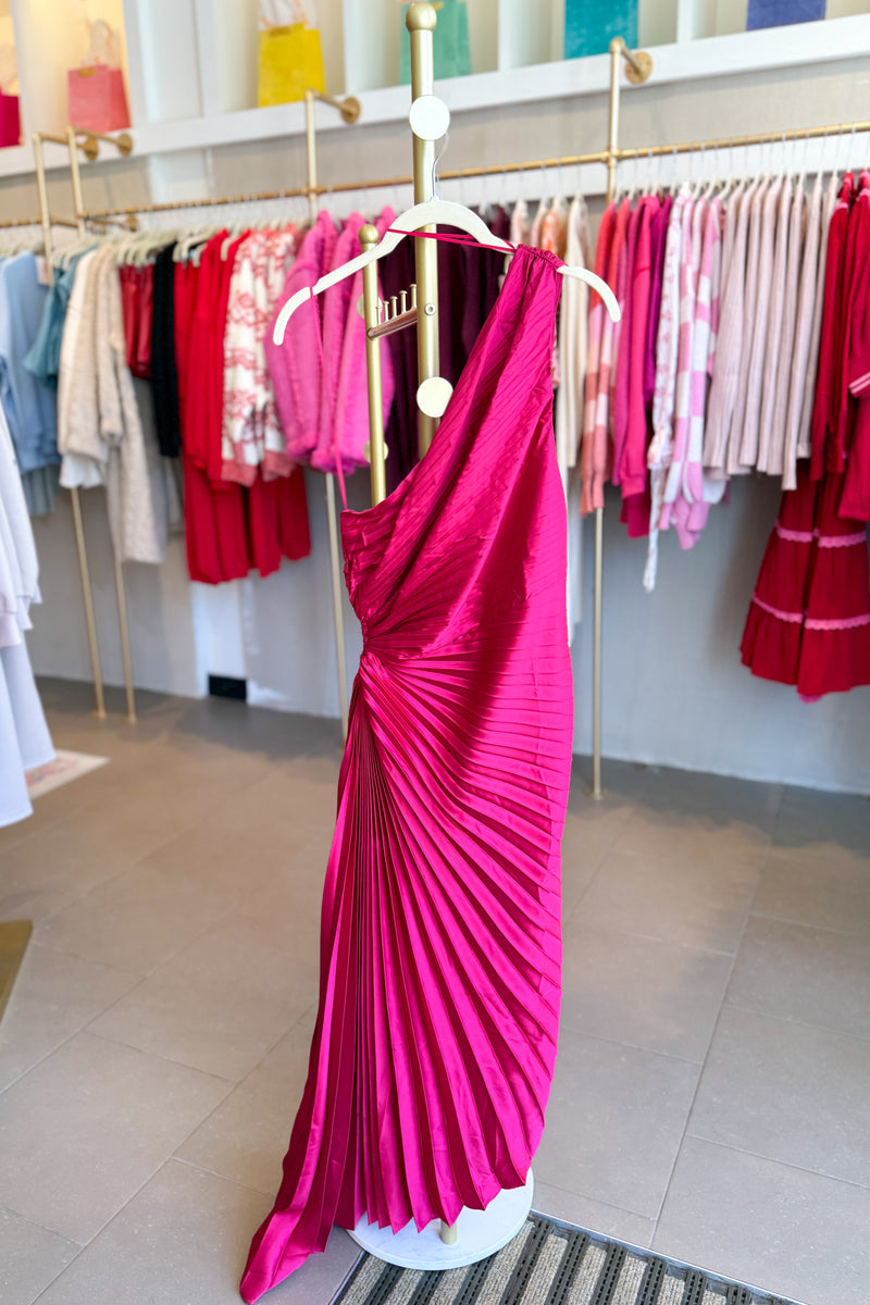 Hot Pink Pleated One Shoulder Cutout Midi Dress