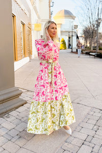 Pink and Green Floral Long Sleeve Maxi Dress