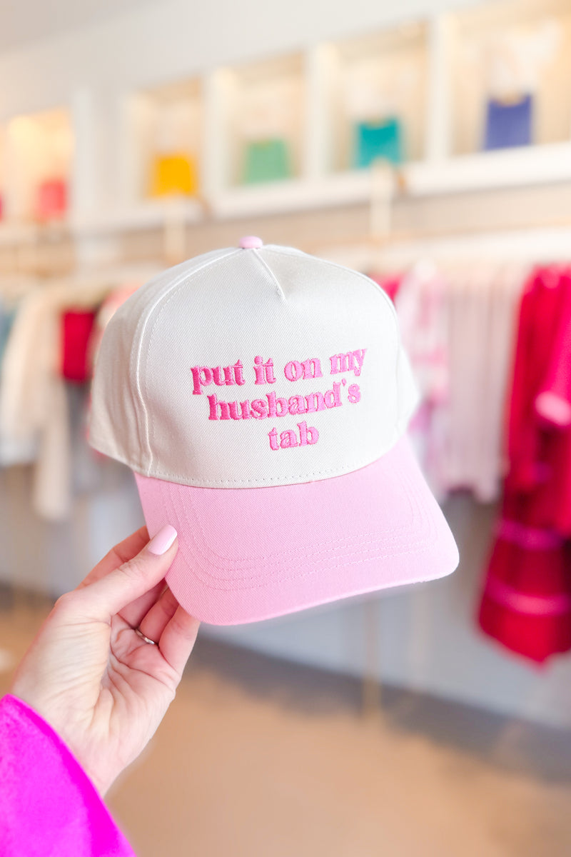 Put It On My Husbands Tab Embroidered Trucker Hat - Baby Pink