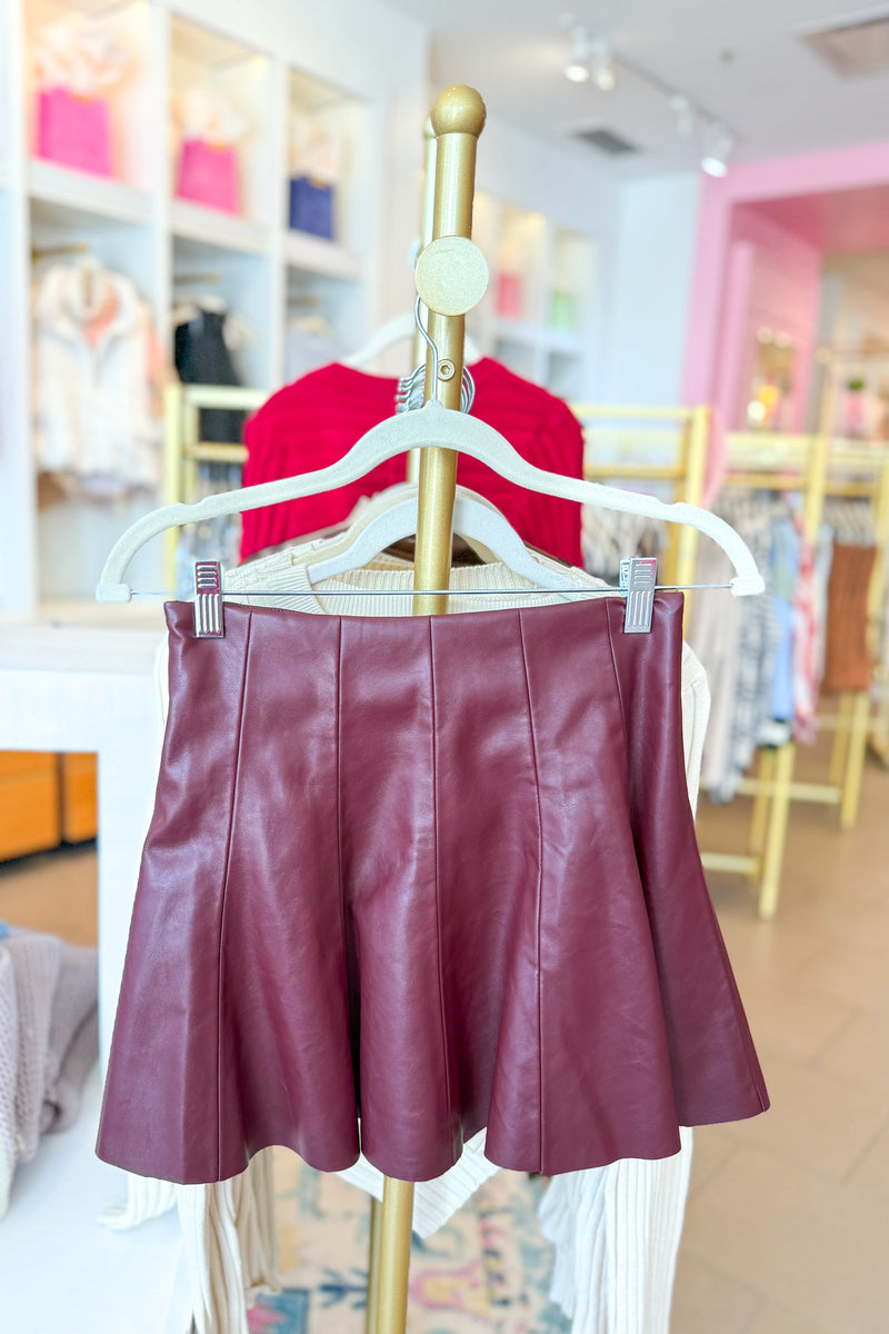 Wine Red Flared Faux Leather Skort