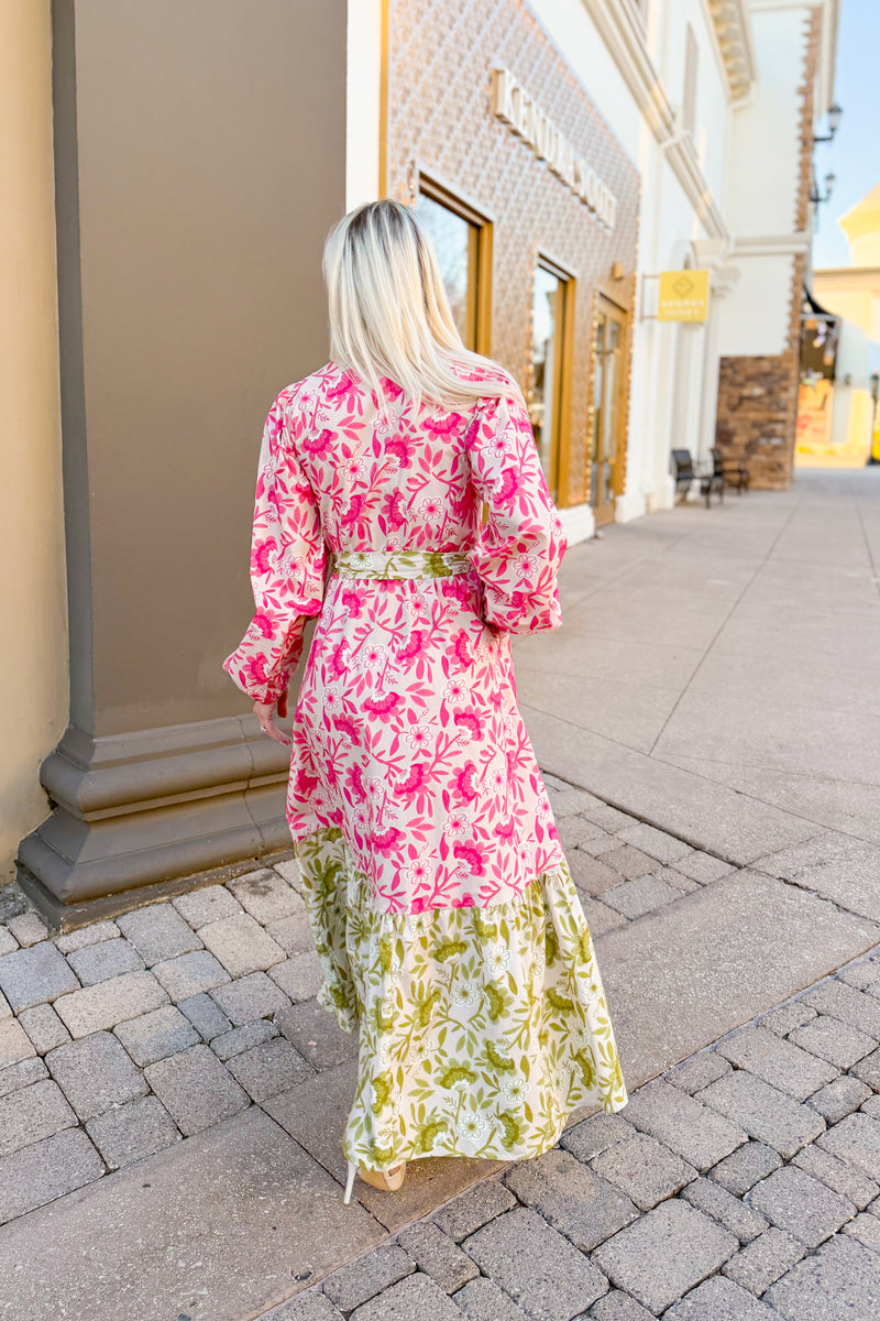 Pink and Green Floral Long Sleeve Maxi Dress