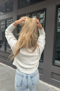 Oatmeal Sweater With Blue Bow