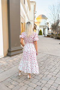 Pink Floral Print Puff Sleeve Midi Dress