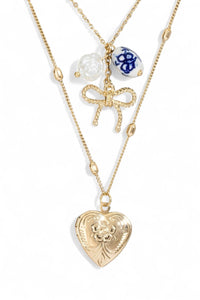 Layered Heart Lock Necklace With Bow  Charms