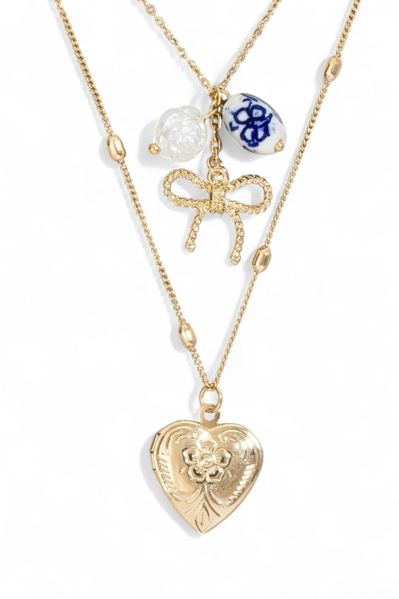 Layered Heart Lock Necklace With Bow  Charms