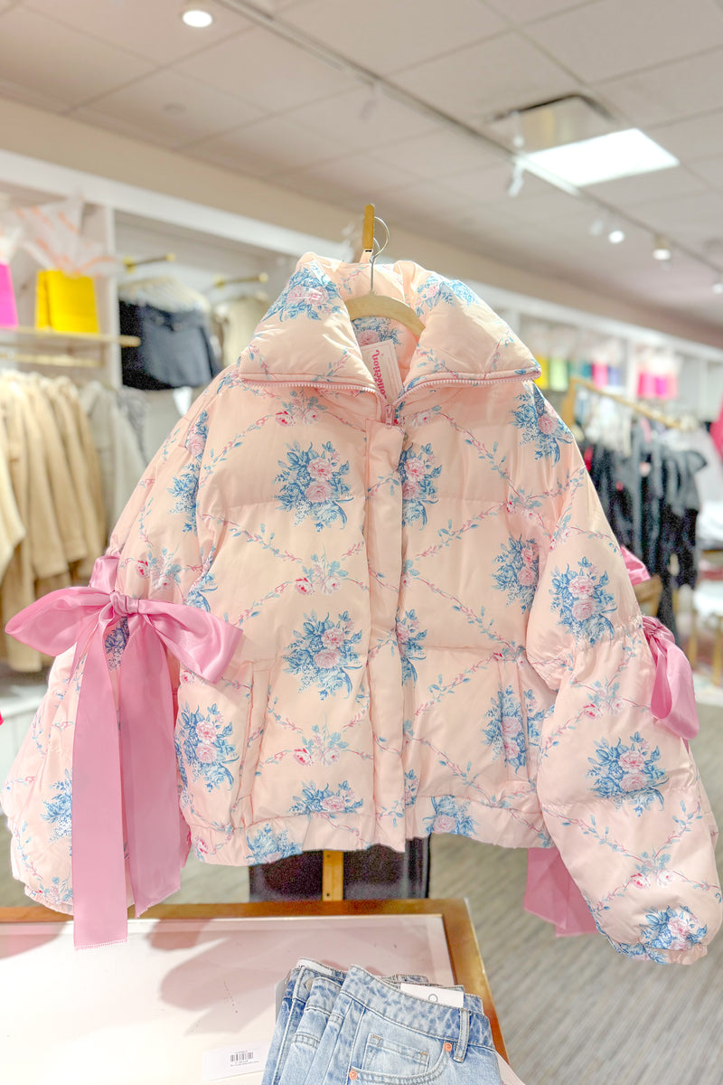 Pink and Blue Floral Puffer Jacket With Bows