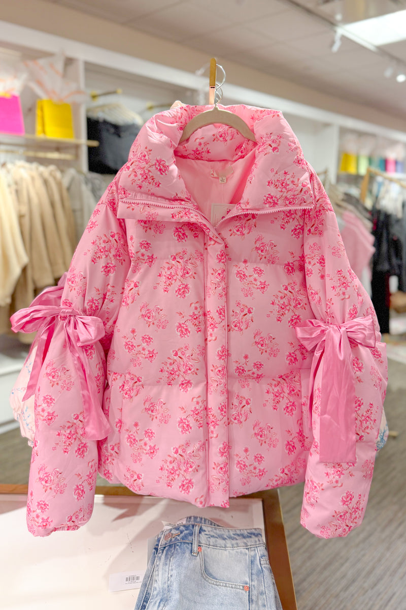 Hot Pink Floral Puffer Jacket With Bows