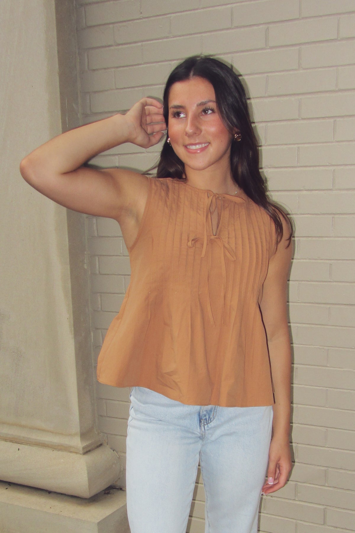 Rust Pintuck Tie Front Sleeveless Poplin Top