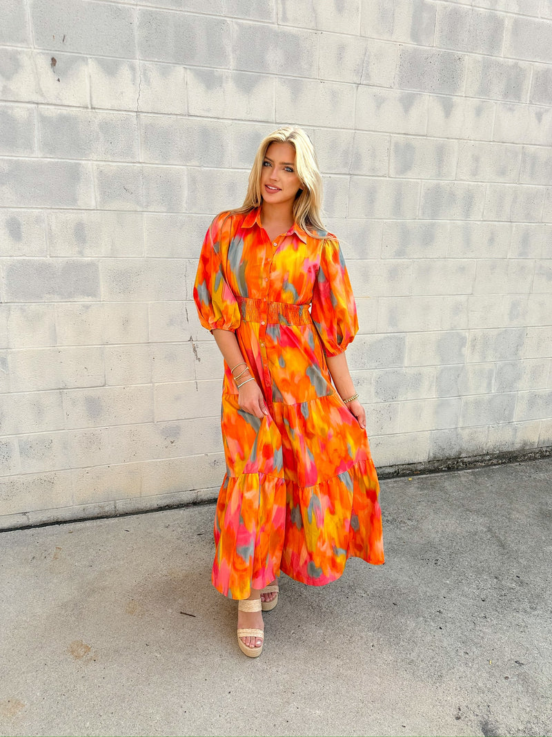 Fall Watercolors Button Up Maxi Dress