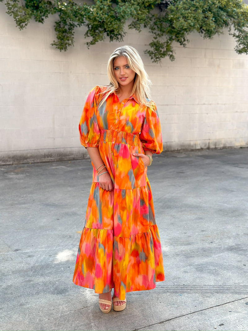 Fall Watercolors Button Up Maxi Dress