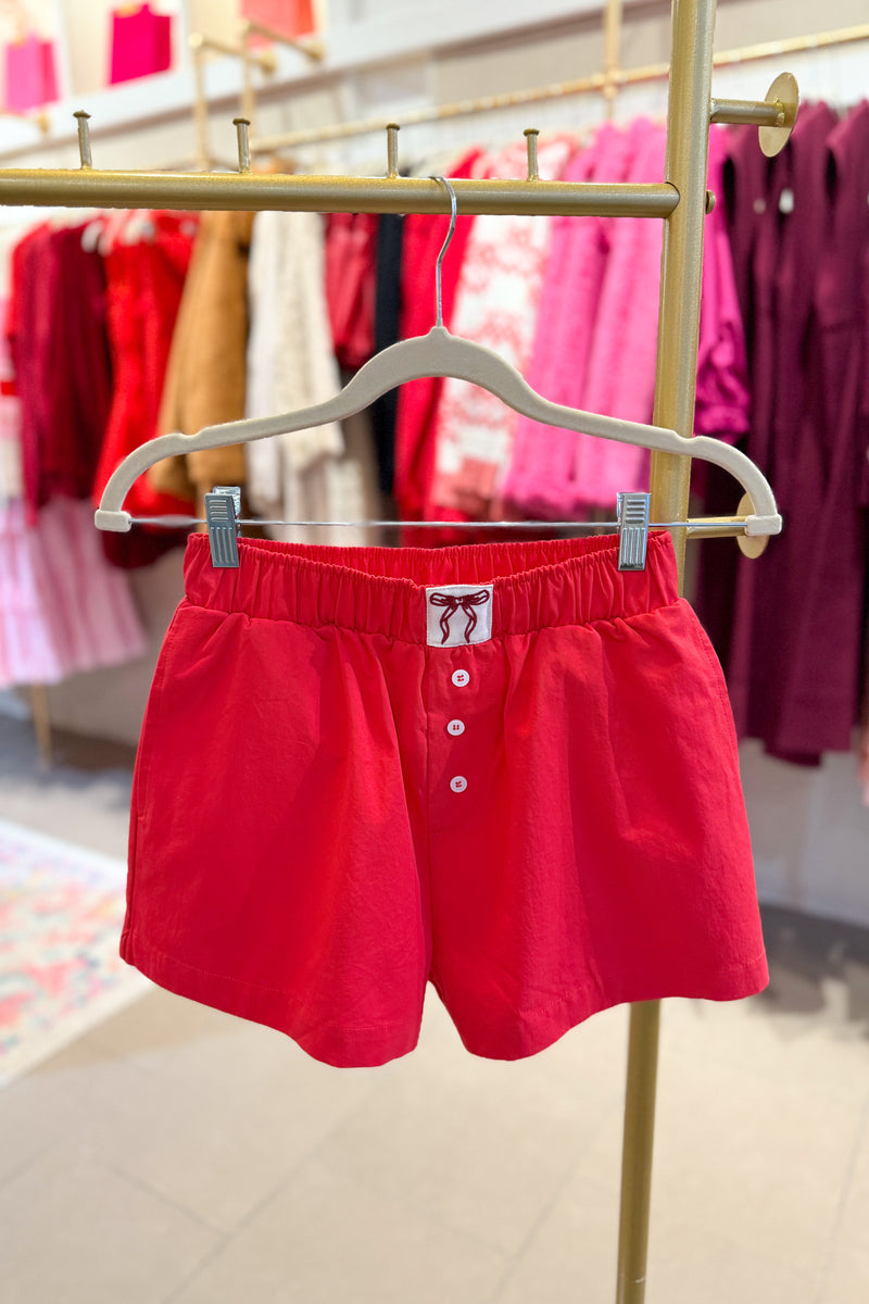 Red High Waisted Boxer Shorts With Embroidered Bow