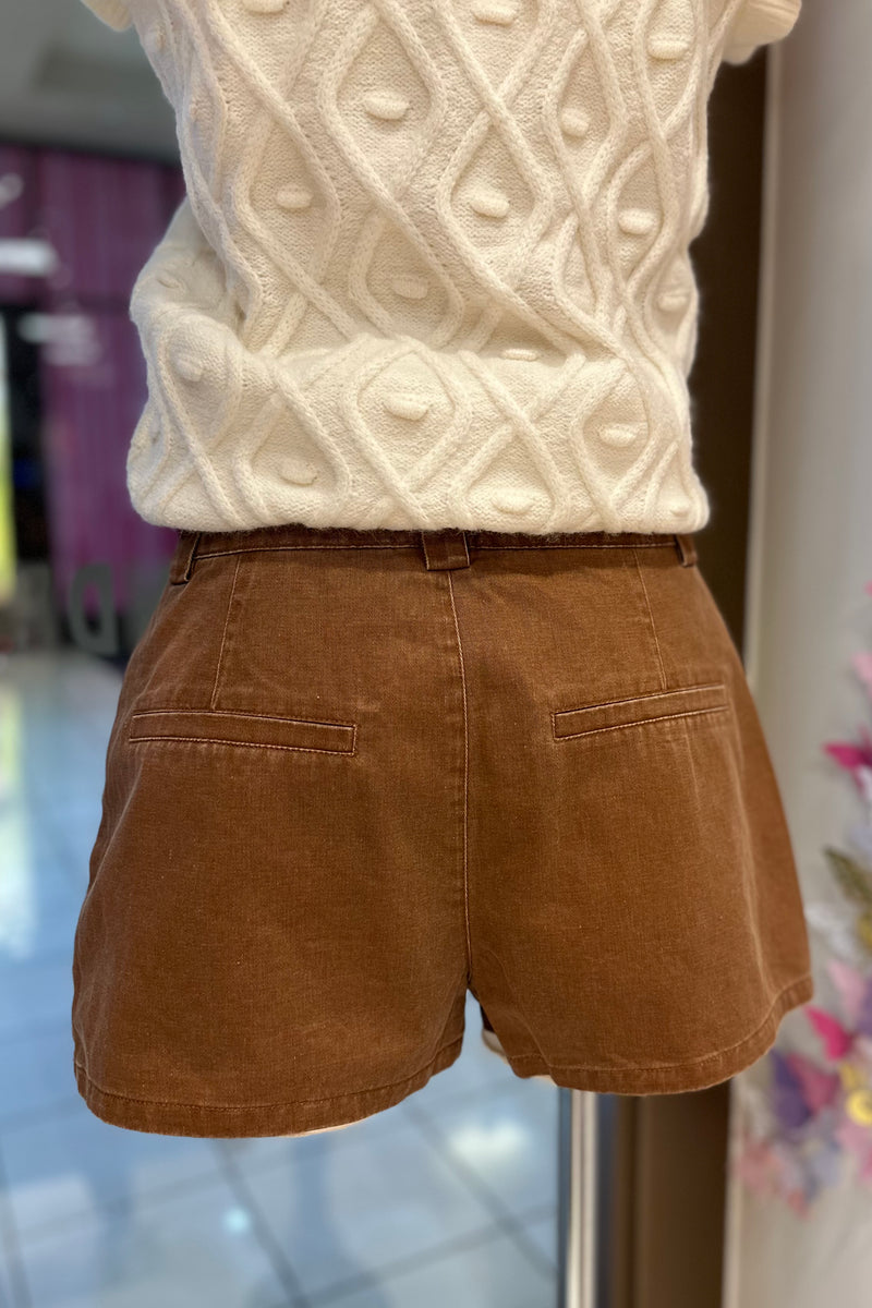 Brown Pleated Denim Mini Skort