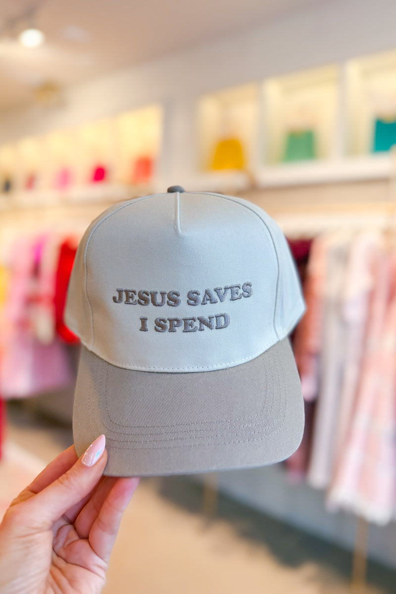 Jesus Saves I Spend Taupe Embroidered Trucker Hat