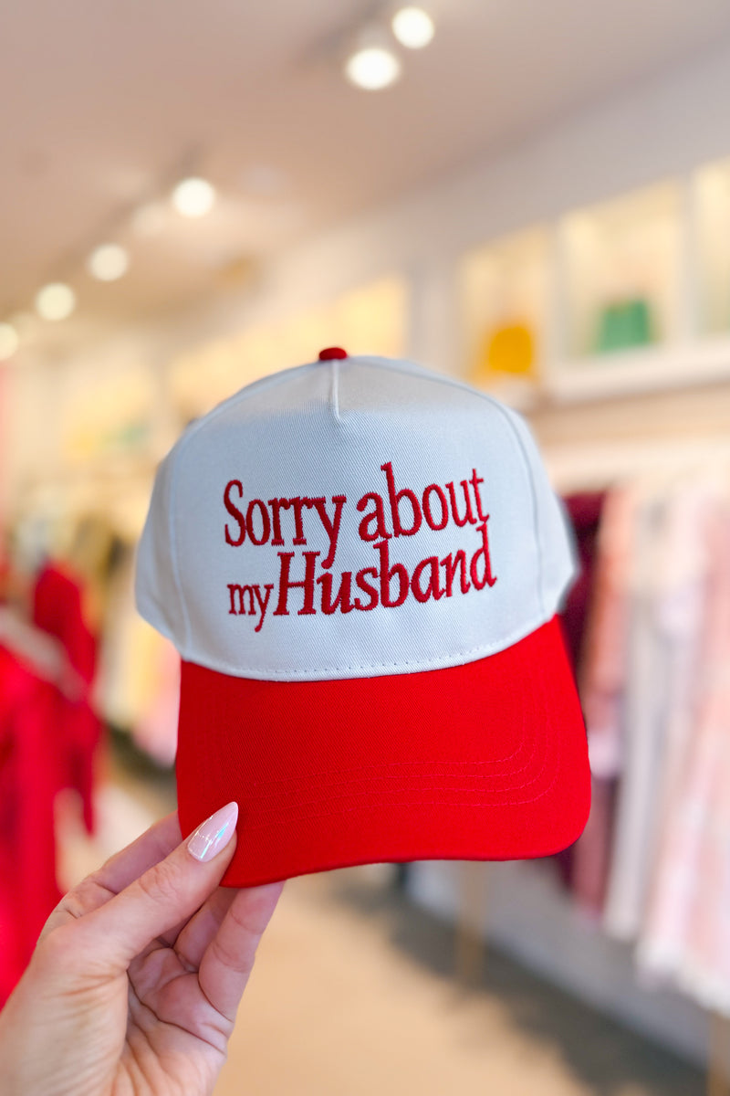 Sorry About My Husband Red Embroidered Trucker Hat