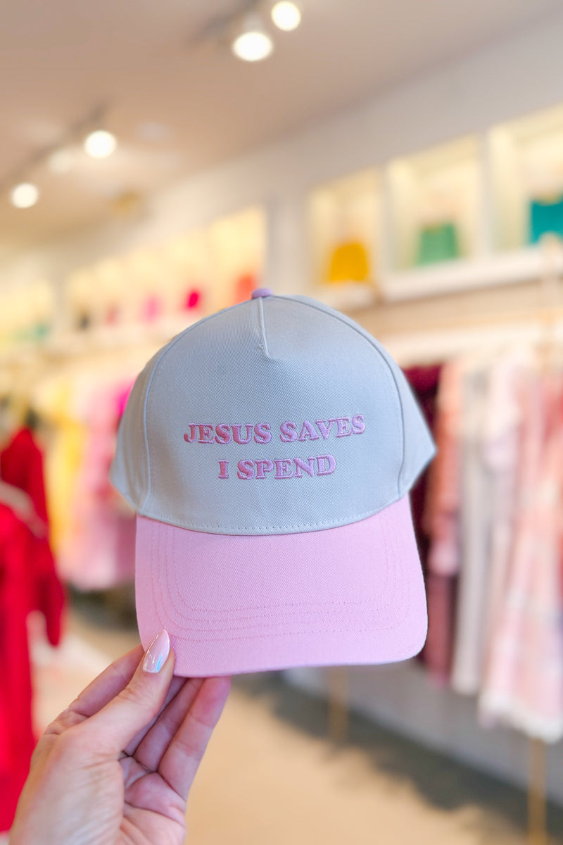 Jesus Saves I Spend Baby Pink Embroidered Trucker Hat