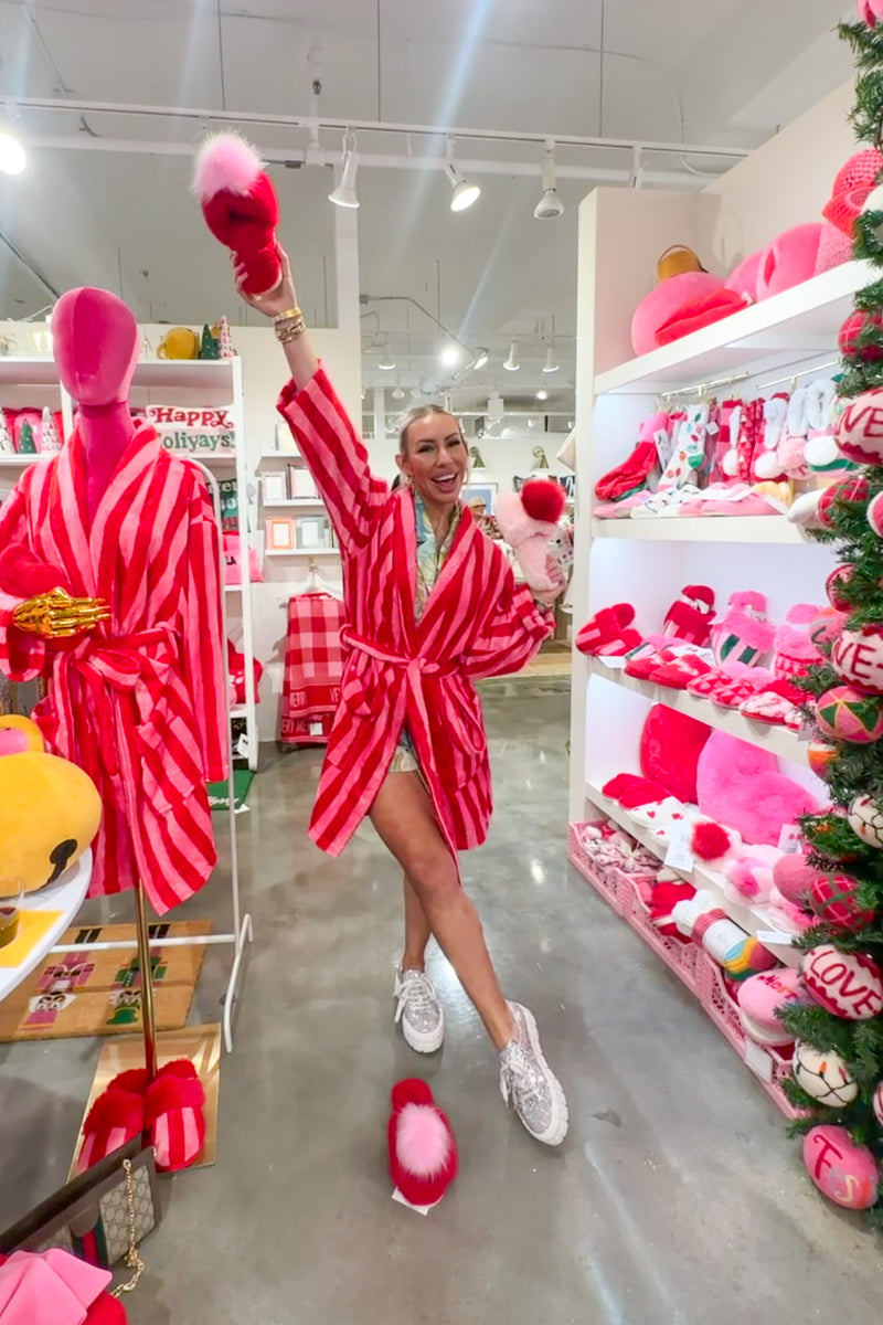 Pink and Red Striped Plush Robe