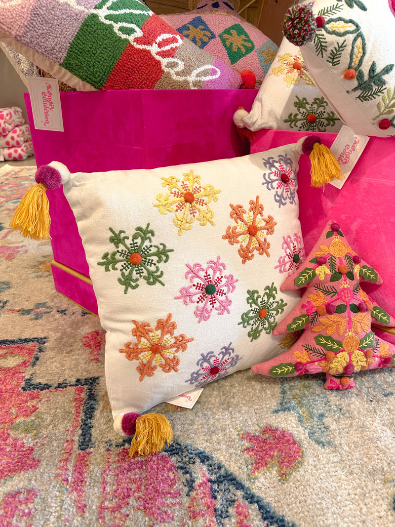 Colorful Snowflakes Embroidered Tassel Pillow