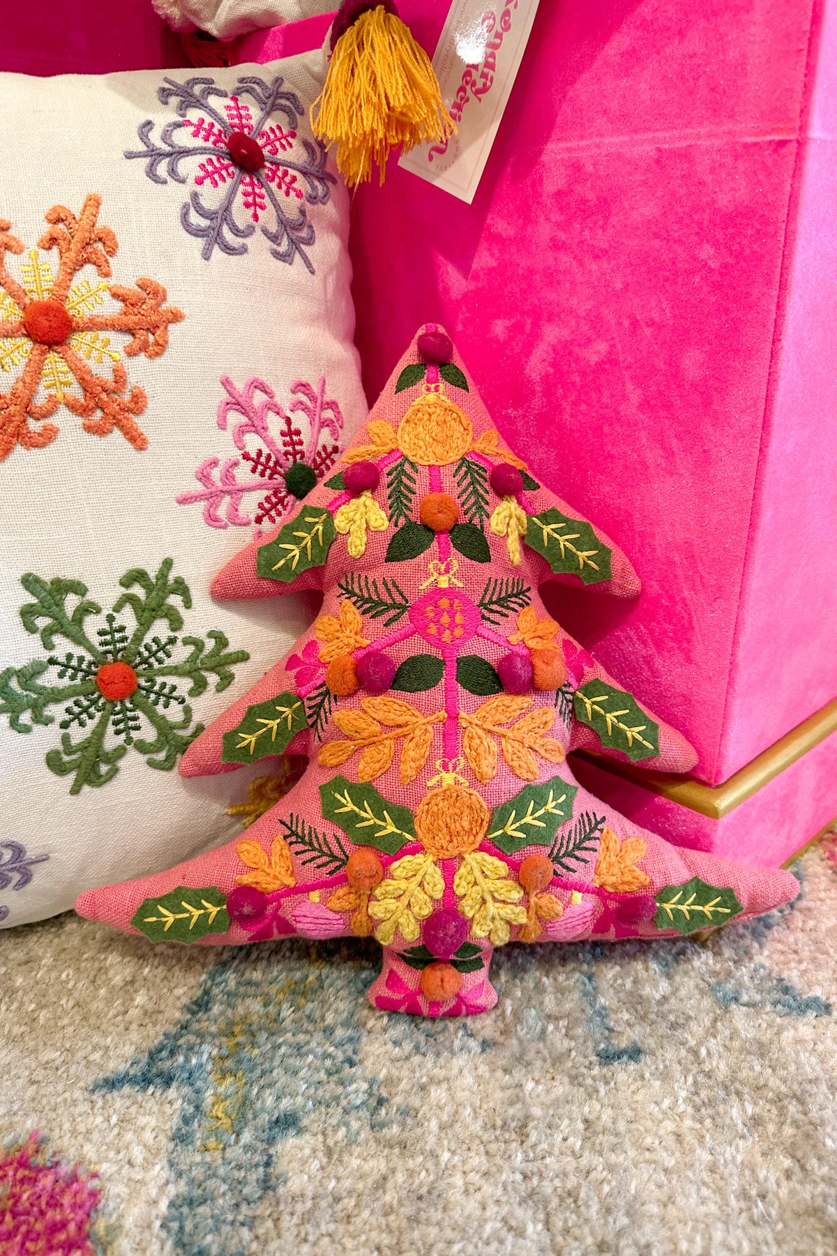 Pink Christmas Tree Shaped Embroidered  Pillow