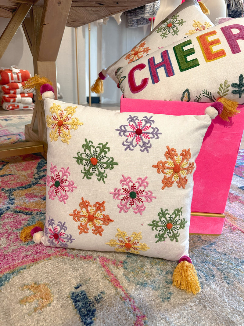 Colorful Snowflakes Embroidered Tassel Pillow