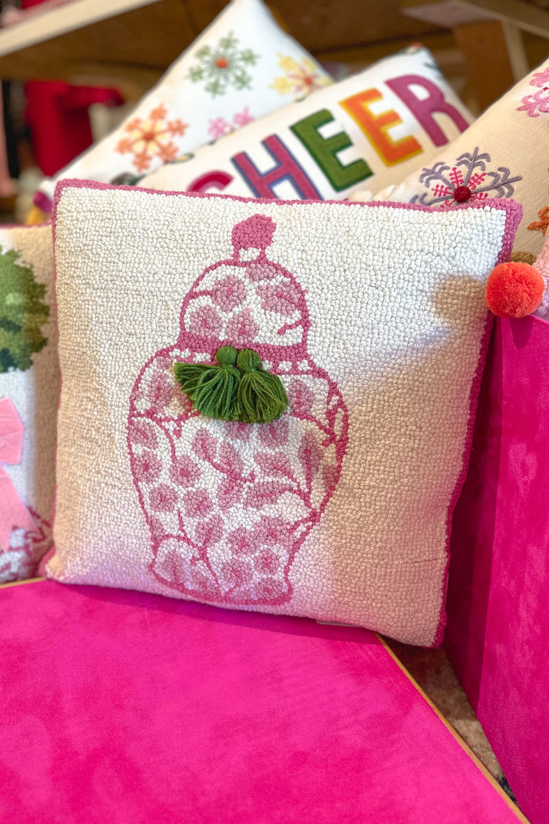 Pink Chinoiserie Vase With Tassels Needle Point Pillow