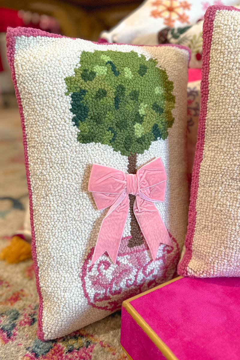 Chinoiserie Vase With Topiary and Ribbon Needle Point Pillow