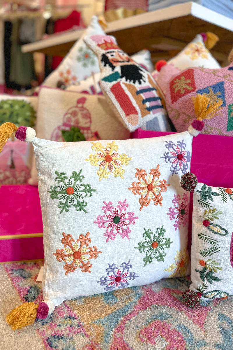 Colorful Snowflakes Embroidered Tassel Pillow