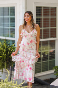 White and Pink Floral Ruffle Maxi Dress