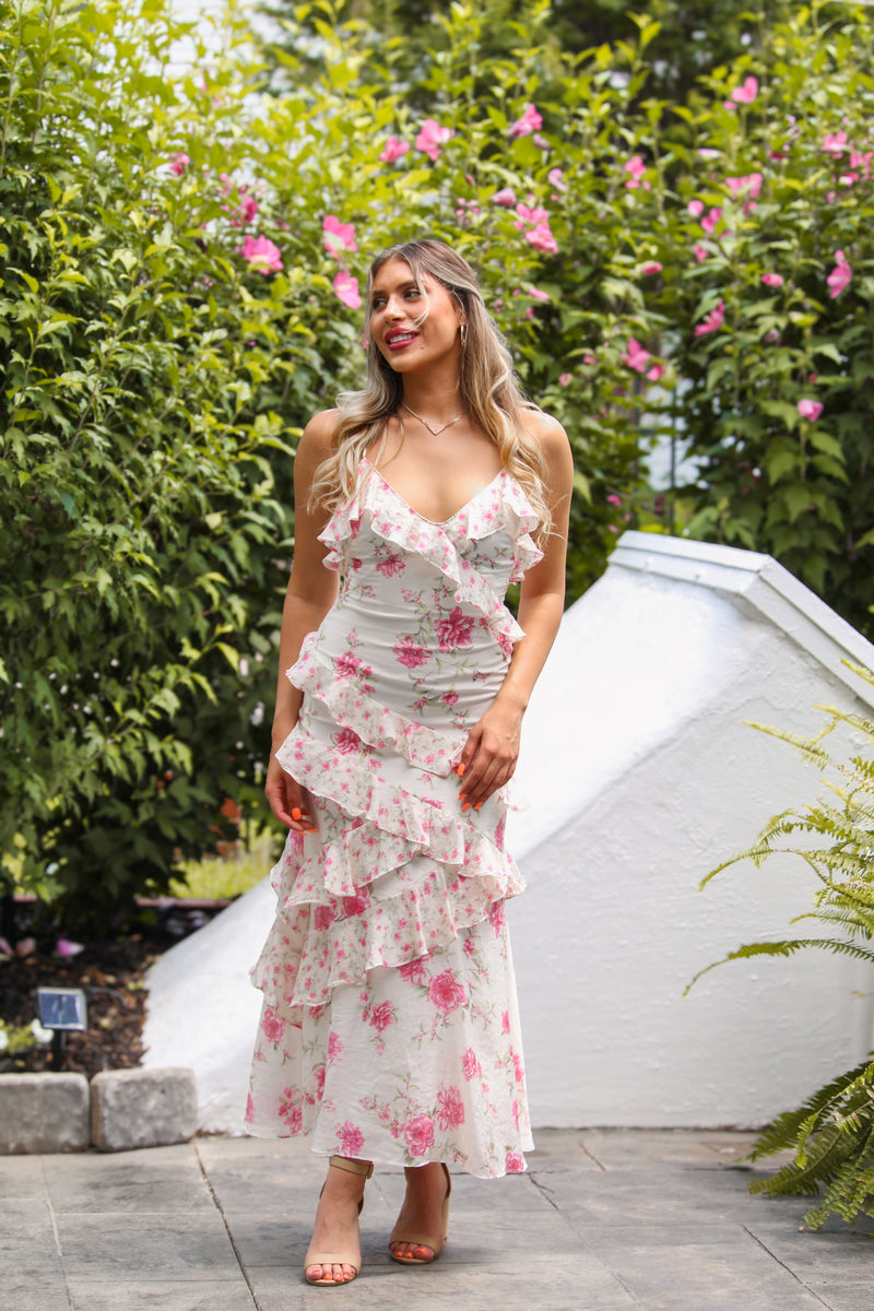 White and Pink Floral Ruffle Maxi Dress