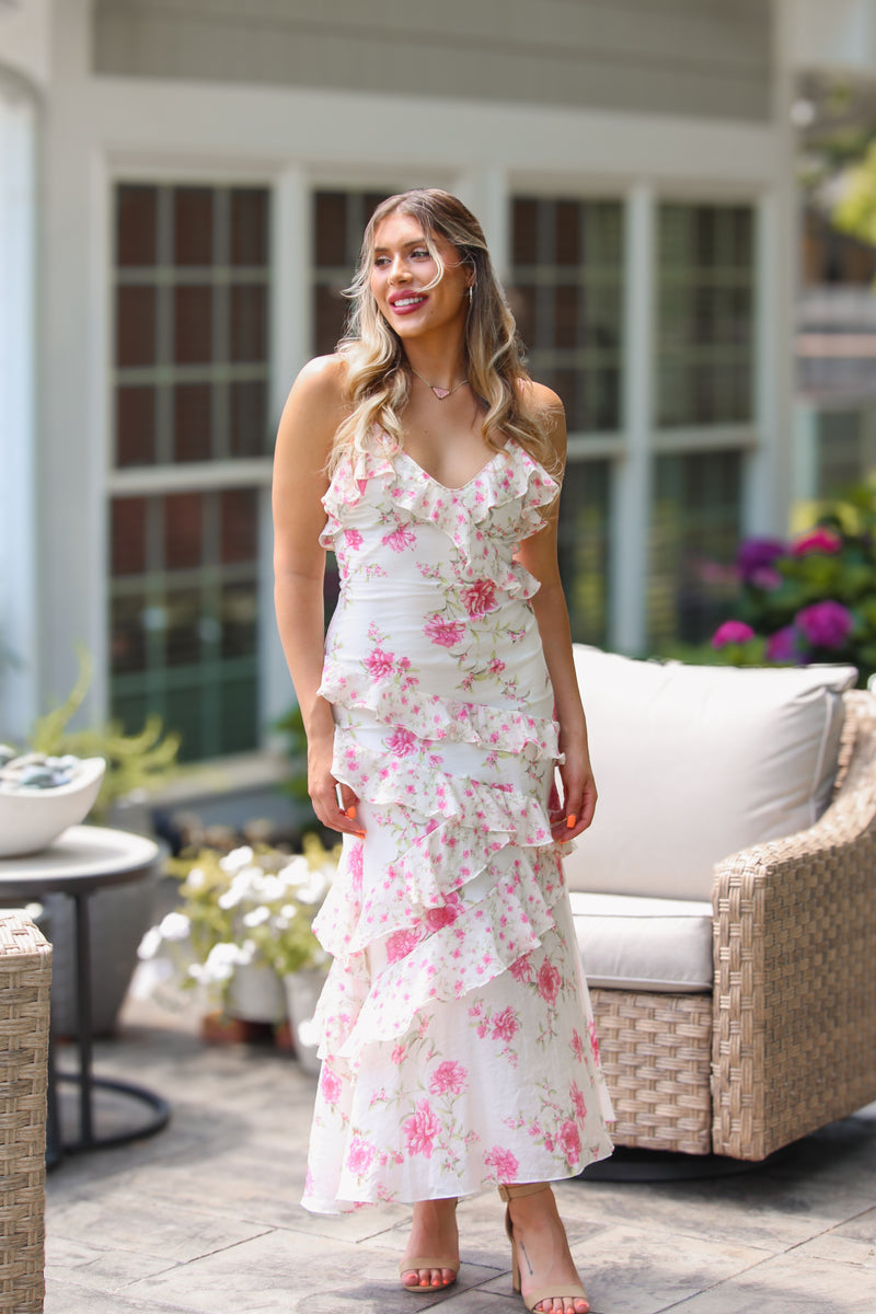 White and Pink Floral Ruffle Maxi Dress