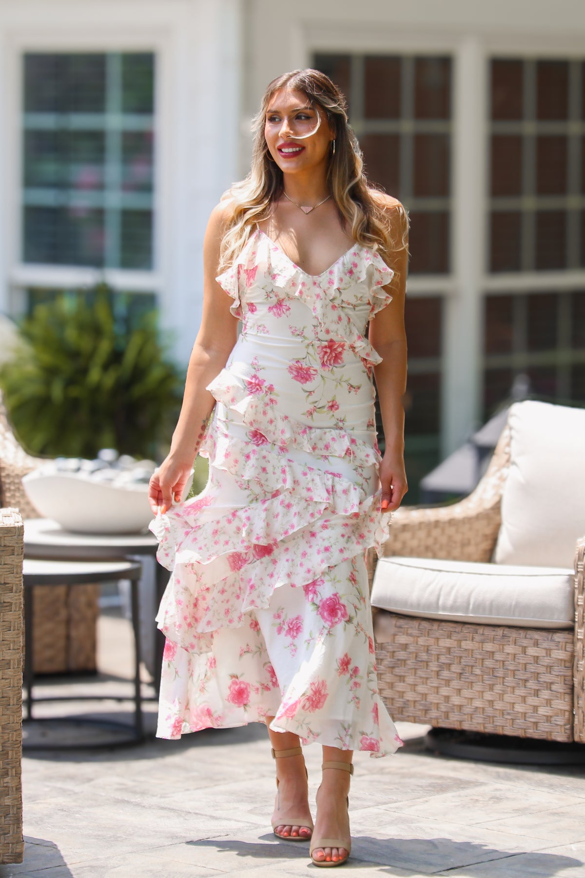 White and Pink Floral Ruffle Maxi Dress
