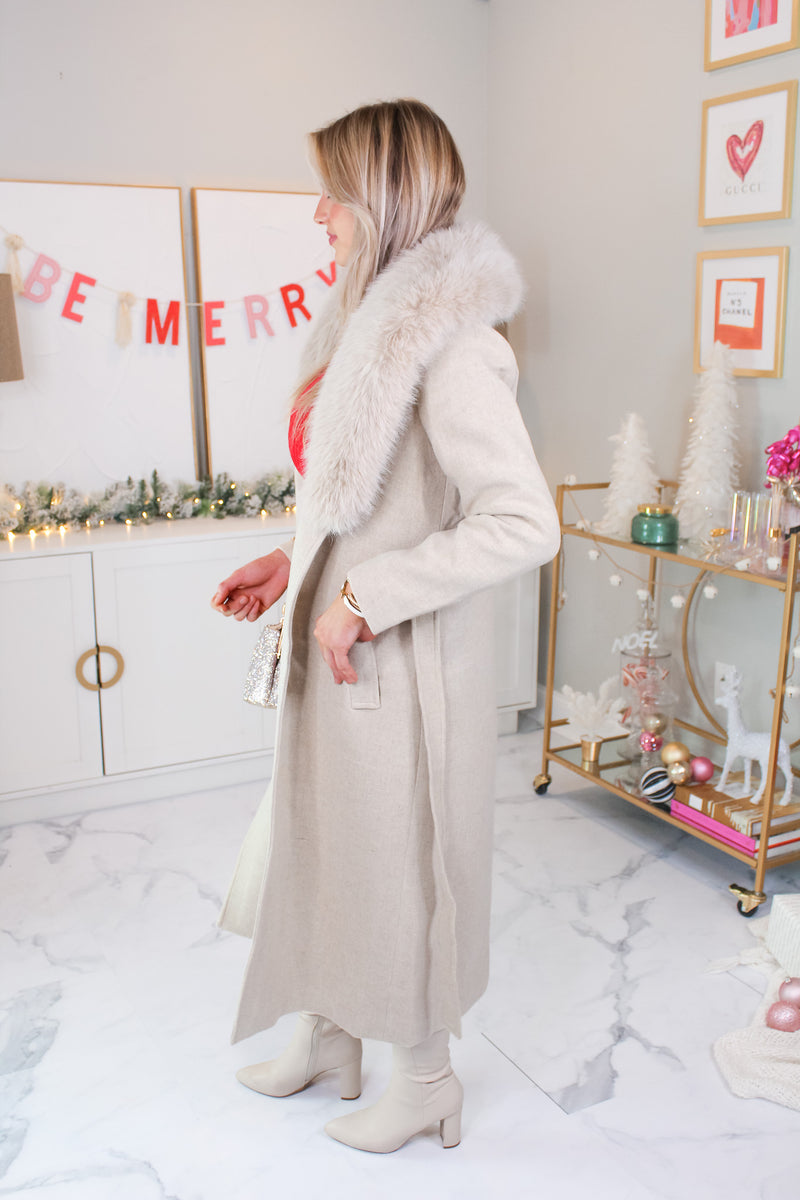 Cream Faux Fur Collar Trench Coat