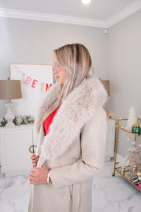 Cream Faux Fur Collar Trench Coat