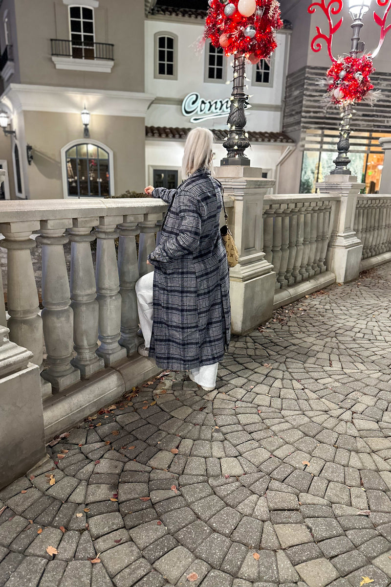 Navy Blue Plaid Longline Trench Coat