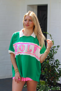 Green Sequin Golf Patch Rugby Top