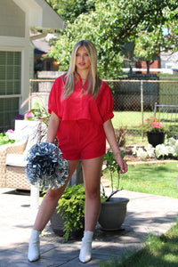 Red Corduroy Button Down Short Set