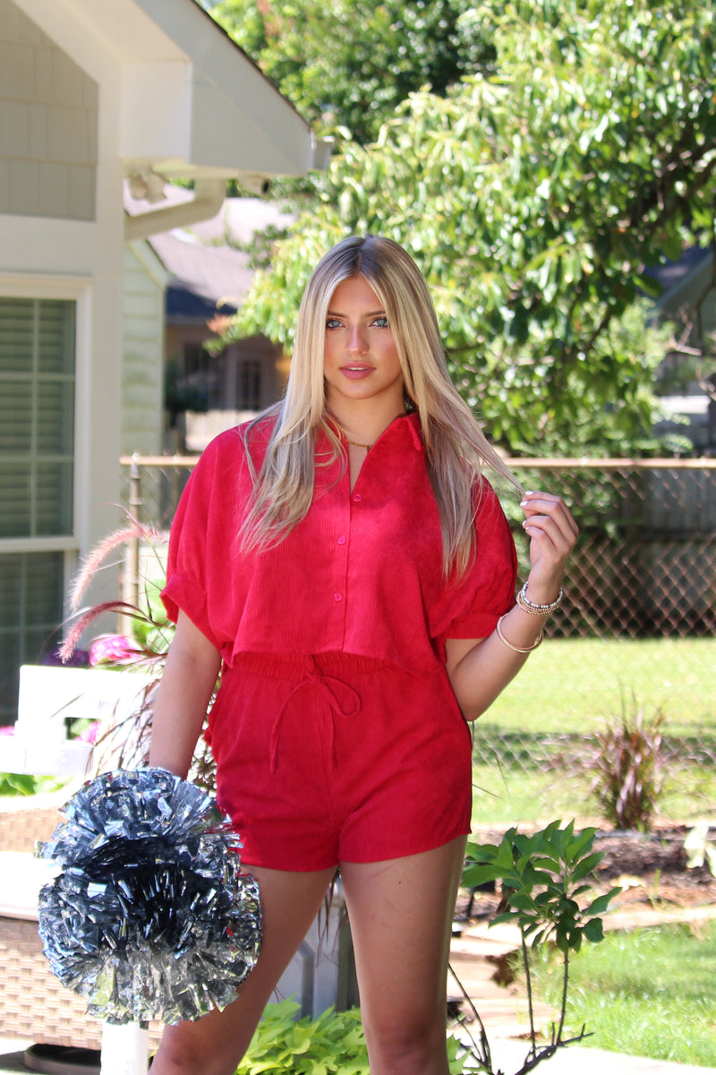 Red Corduroy Button Down Short Set