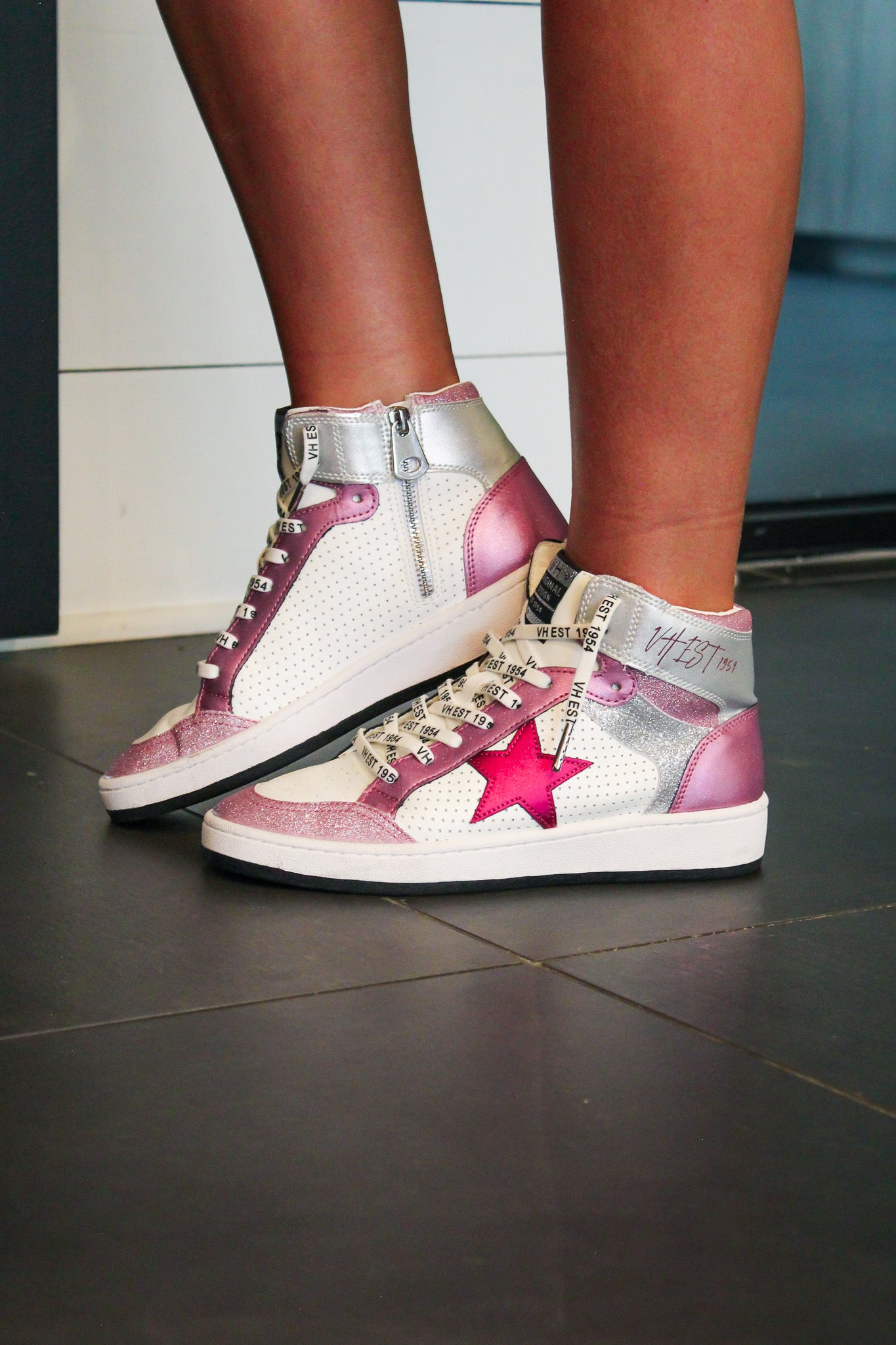 Pink glitter high top on sale sneakers