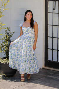 Blue and White Floral Shoulder Tie Midi Dress