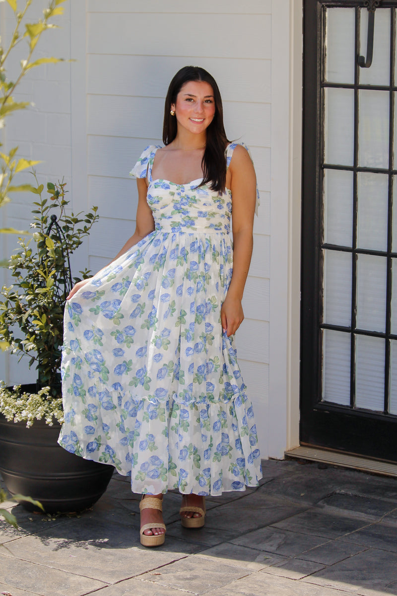 Blue and White Floral Shoulder Tie Midi Dress