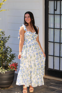 Blue and White Floral Shoulder Tie Midi Dress