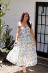 Blue and White Floral Shoulder Tie Midi Dress