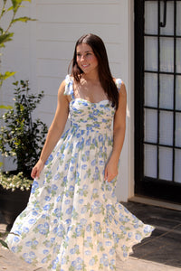 Blue and White Floral Shoulder Tie Midi Dress